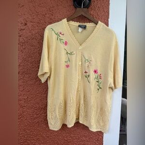 Southern Lady Women’s Yellow Floral Embroidered Cardigan Size XL Summer Cottage